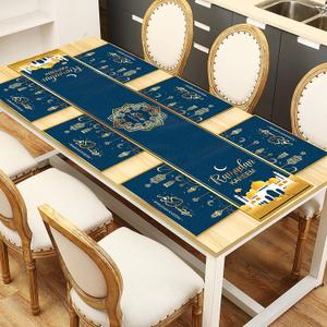 Tiamon 7 Pack Table Runner and Placemats Table Decorations Star Moon Decor Sets for Home Dining Supply(Dark Green)