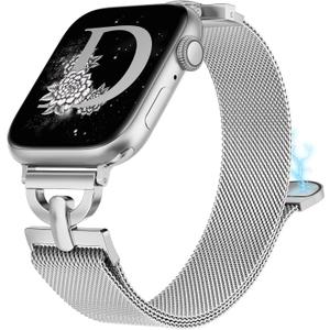 Stainless Steel Magnetic Loop Compatible with Apple Watch Band 38mm 40mm 41mm 42mm Women Metal Mesh D-shaped Clasp Strap for iWatch SE Series 10/9/8/7/6/5/4/3/2/1/Ultra(1/2) Silver