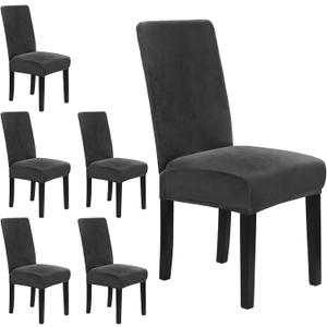 MOSAYT Velvet Stretch Chair Covers for Dining Room Set of 6 - Soft Slipcovers with Thick Removable Fabric for Parsons Chairs, Washable Seat Protectors for Kitchen, Banquet & Home Decor, Dark Grey