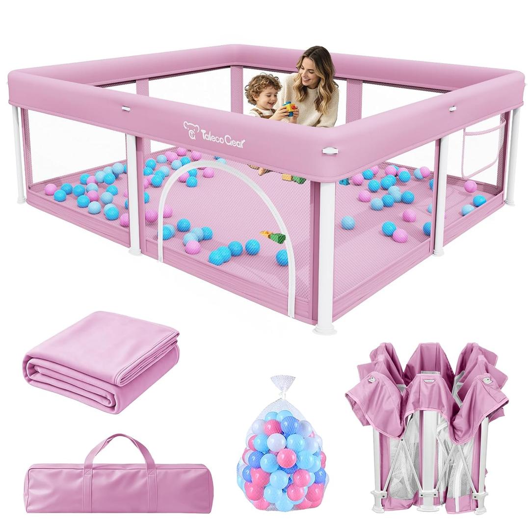 TOREVSIOR Foldable Baby Playpen with Mat, 50"×71" F oldable Playpen for Babies and Toddlers, Indoor & Outdoor Kids Safety Play Pen, Portable Play Yard, Foldable Baby Playpen with 50 Ocean Balls