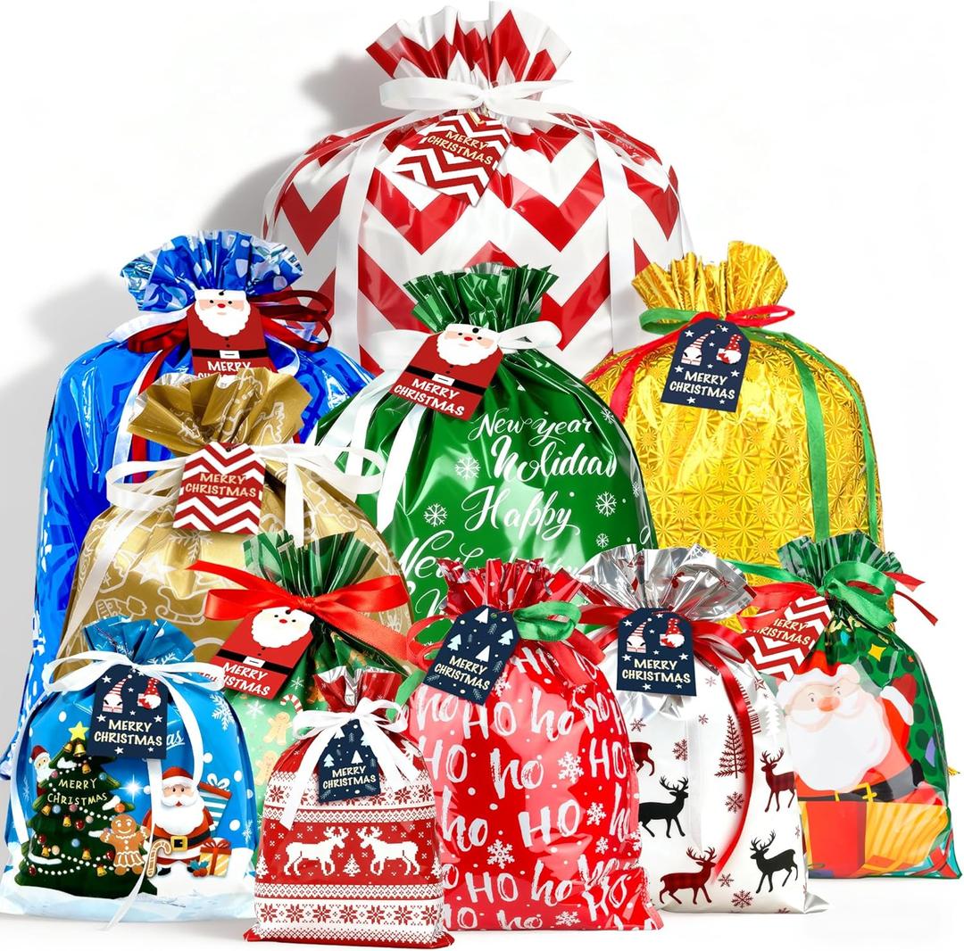 HADAYAKI 38PCS Christmas Drawstring Gift Bags with JUMBO Size and Assorted Sizes for Holiday Gift Wrapping