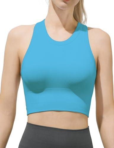 SIXIM Women's Seamless Ribbed High Neck Sports Bra - Removable Padded Yoga Tank Tops Fitness Workout Running Crop Tops, M