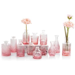 Pink Glass Bud Vases Set of 12, Vintage Mini Vases for Centerpieces, Glass Bud Vase in Bulk for Wedding Decor, Single Flowers, Office and Home Table Flower Dcor
