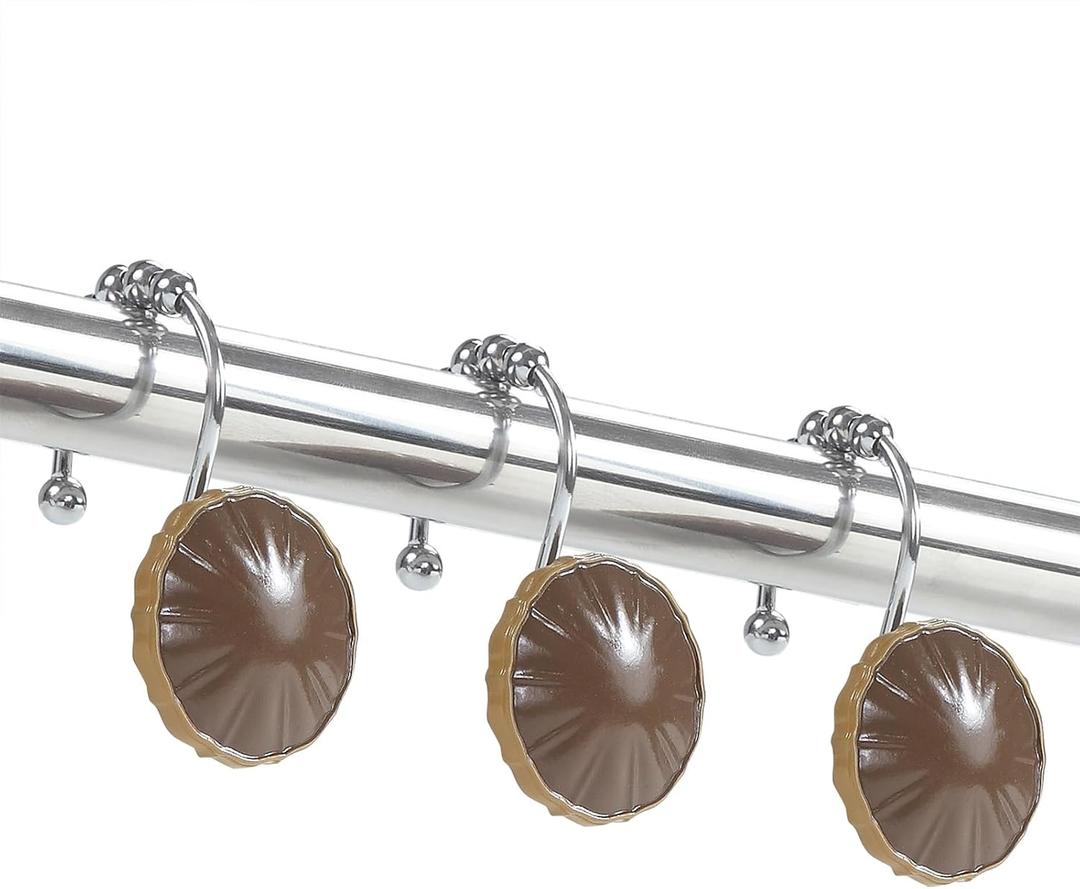 Shower Curtain Hooks Rings, Decorative Rust Proof Stainless Steel Glide Rollers Shower Hooks Rings for Bathroom Shower Rods Curtains, Set of 12, Brown