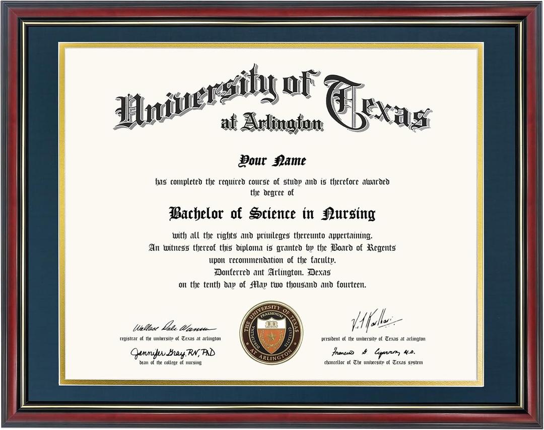 GraduationMall 14x17 Diploma Frame with Navy over Gold Mat or Display 16x20 Certificate without Mat,Solid Wood & Tempered Glass,Cherry Finish with Gold Trim
