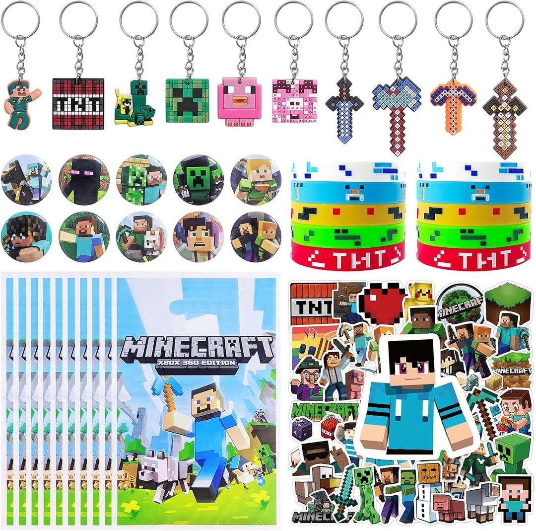 For Pixel Style Birthday Party Supplies, 90pcs Party Favors for , Includes 50 Stickers, 10 Gift Bags, 10 Wristbands, 10 Keychains, 10 Badges