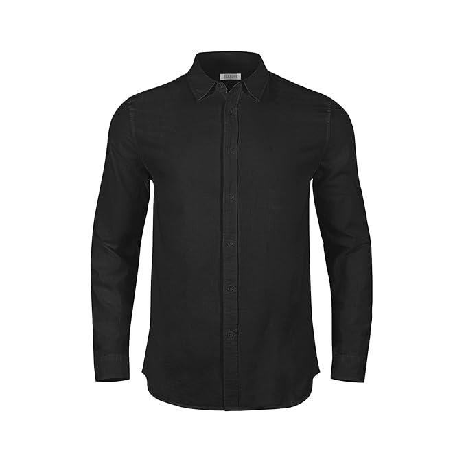 Jekaoyi Men's Summer Casual Cotton Linen Shirts Buttons Down Long Sleeve Solid Plain Beach T Shirts, Black, XS