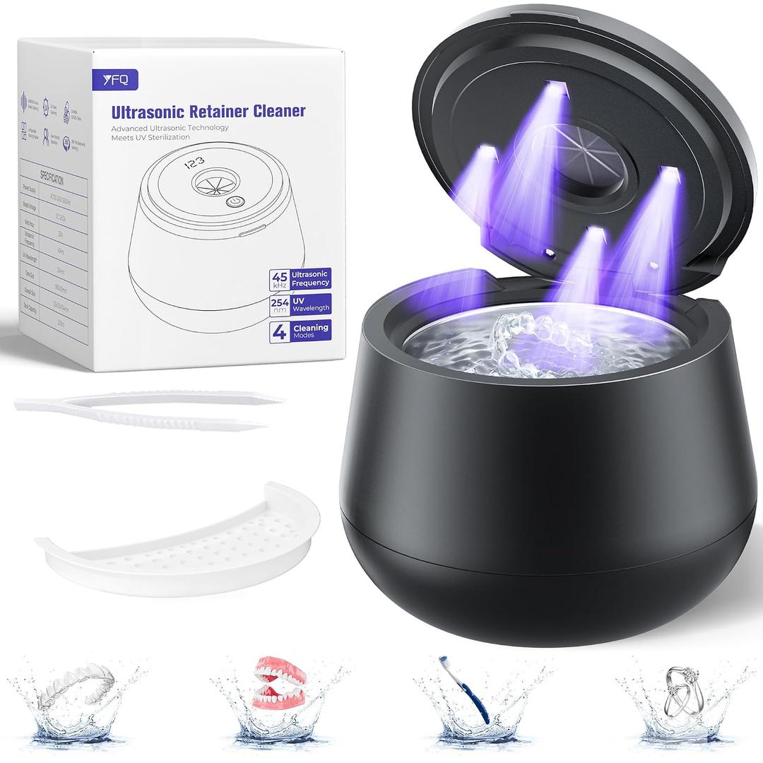 45kHz Ultrasonic Retainer Cleaner, 200ML Dental Cleaning Pod for Dentures, Mouth Guards, Braces, Aligner, Toothbrush Jewelry and More, UV Denture Cleaner with 4 Modes & Digital Timer