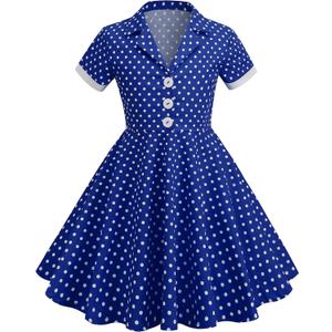 Kids Notch Lapel 50s Dress for Girls Vintage Retro 1950s Polka Dot Dress for Girls 50's Audrey Hepburn Rockabilly Swing Dress