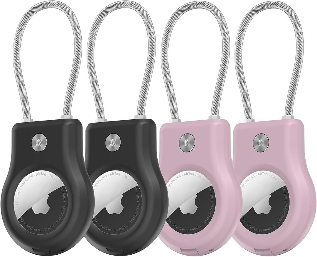 Air tag Holder,(4 Pack) Air tag Keychain with Secure Lock, Air Tags Case with Wire Cable for Apple Airtag, Anti-Lost Protective Case with Keyring for Luggage, Key, Pet, Bag, Black/Purple