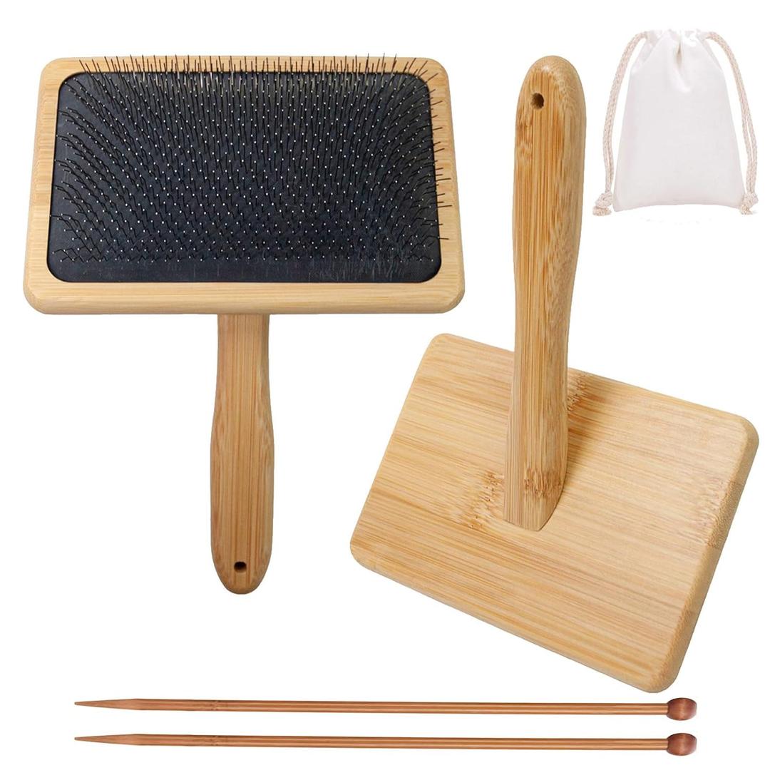 Larger Wool Carder, 5.9" x 3.94" Wire Slicker Wool Carding Brushes, Needle Felting Tools with Solid Handle, Dog Slicker Brush, Wood Hand Carders for Wools 5Pcs