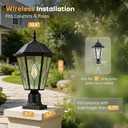 Solar Post Light Outdoor, Dusk to Dawn Vintage Post Lamp with Pier Mount Base, Wireless Black Waterproof Fence Pole Light with Art Glass for Garden Yard Patio Entryway, Head+Base