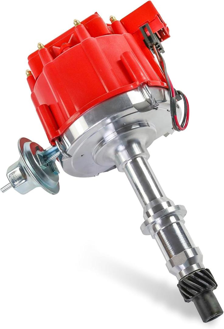 HEI Distributor w/Cap & Rotor Replacement For Pontiac 301ci 326ci 350ci 389ci 400ci 421ci 428ci 455ci V8 65K Coil Small Block Big Block Replace JM6504R PE326 1040011 One Wire Installation Red Cap
