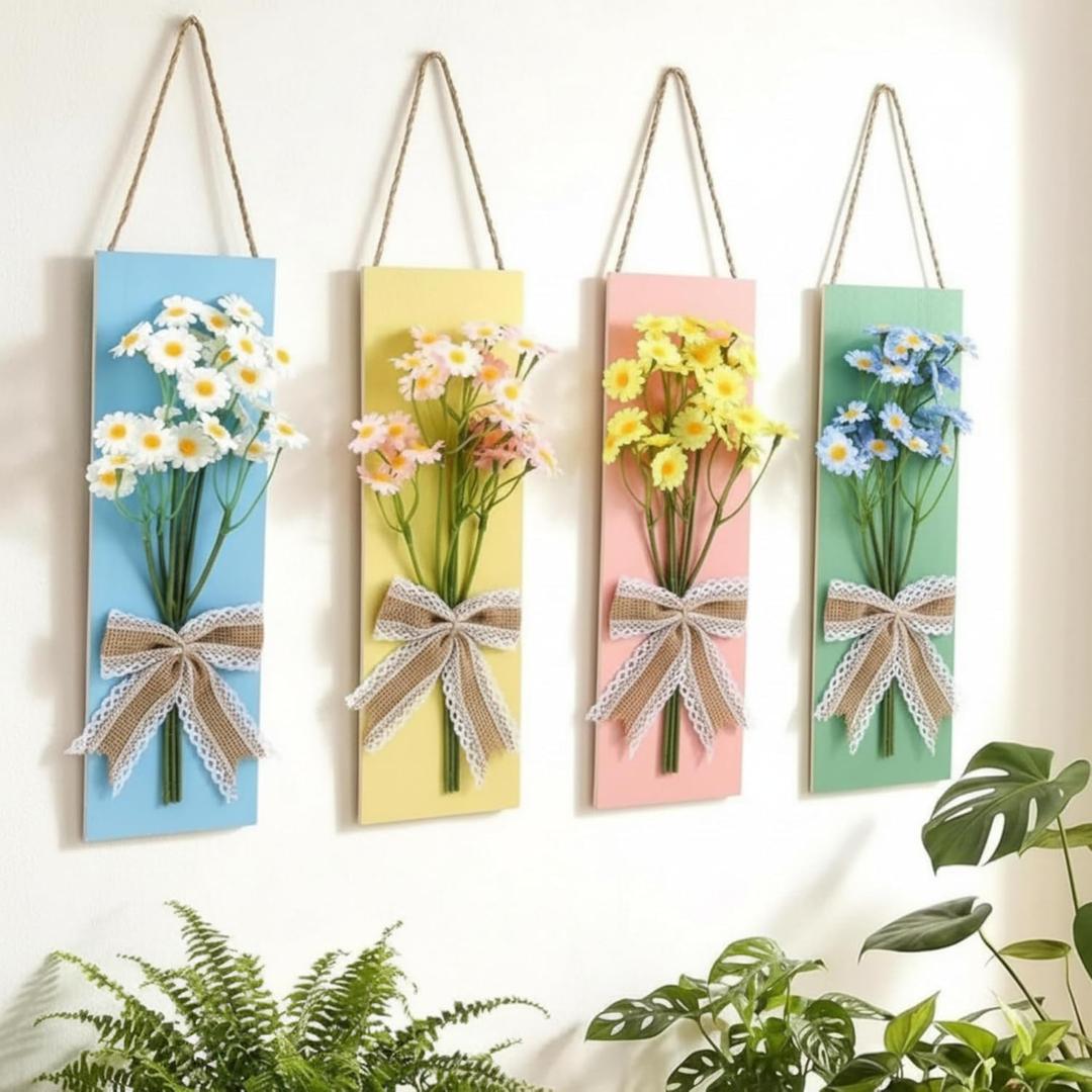 Suncalla 4 Pcs Pastel Daisy Wall Decor Colorful Wooden Spring Artificial Floral Bathroom Wall Art for Living Room, Bedroom, Office Dining Room Decor