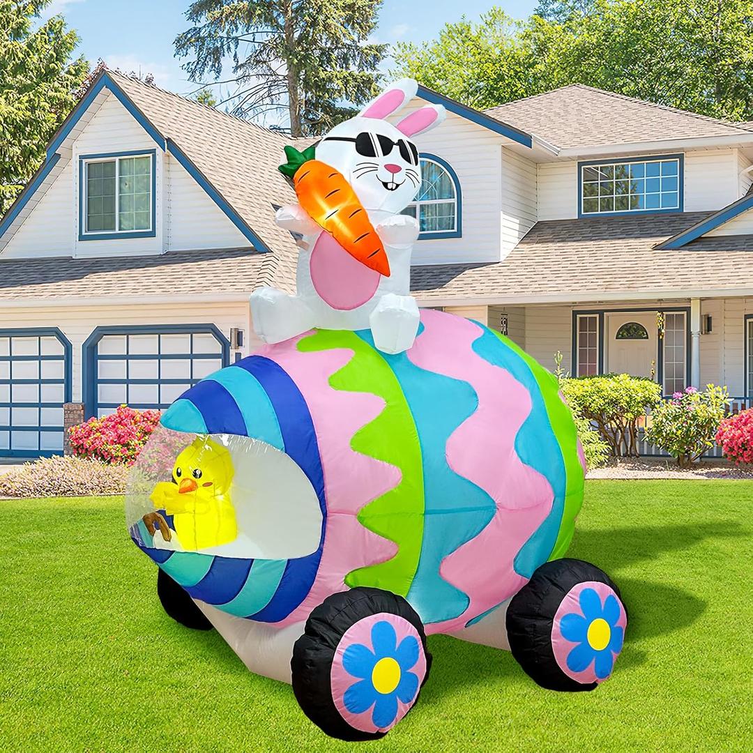 OurWarm 6 FT Easter Inflatable Bunny Egg Car with 5 LED Lights, Happy Easter Decor for Outdoor Indoor Party
