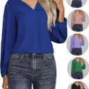 Business Casual Tops for Women Long Sleeve Blouses Leopard Print Work Tunic Office Chiffon V Neck Loose Dressy Shirts (Blue, Medium)
