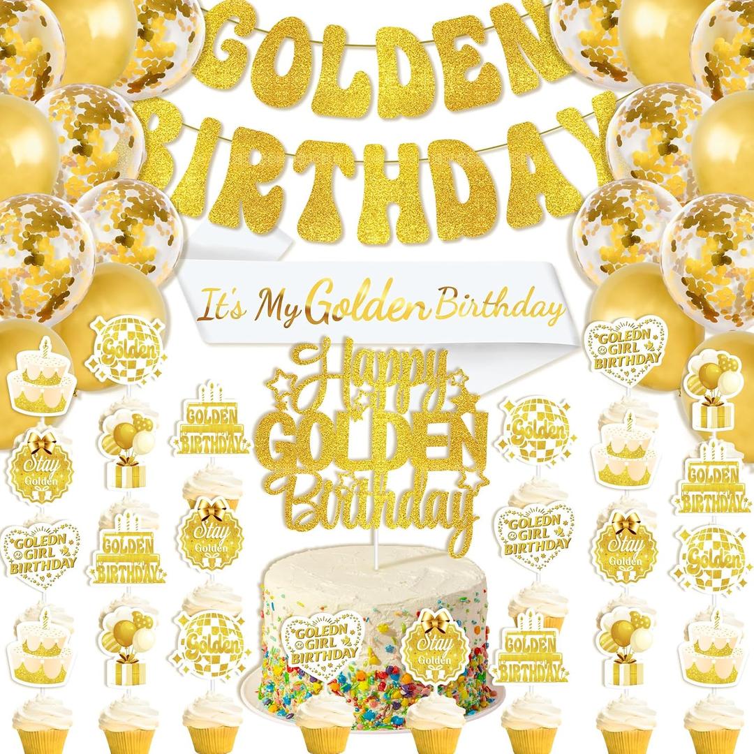 Golden Birthday Party Decorations, Includes It's My Golden Birthday Sash, Banner, Balloons, Cake Topper, Cupcake Toppers for Teens, Women and Men Theme Birthday Party Supplies Gifts Ideas