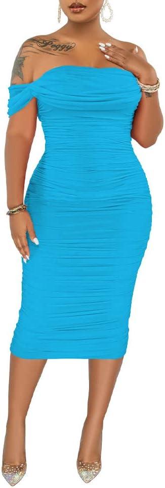 PINSV Women Ruched Off Shoulder Dress Bodycon Party Elegant Midi Dresses (XX-Large, Solid Lake Blue)