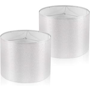 Lamp Shades Set of 2, Drum Lampshade for Table Lamps Floor Lamp, 13" Top X 13" Bottom X 10" High White Sliver Large Line Fabric Lamp Shades, Easy Assembly Replacement Lampshades