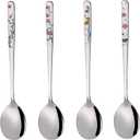 Korean Soup Spoons, 18/8 Stainless Steel Long Handle 8 Inch Tablespoon, Asian Metal Dinner Spoons, Set of 4 (flowers)