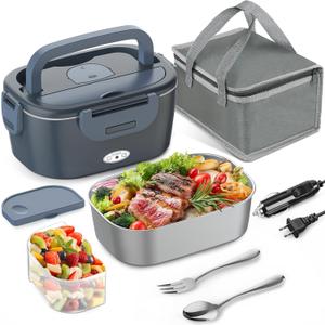 Electric Lunch Box for Adults, 80W Portable Food Warmer, 12V/24V/110V 3 in 1 Heated Lunch Box for Car/Truck/Office, with 1.5L Stainless Steel Container, Fork & Spoon and Insulated Bag (Blue)