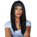 PHOCAS Long Black Headband Wig 14" Synthetic Straight Headband Wigs For Black & White Women, Natural Wear and Go Glueless Wig Ice-Silk Head Band Wigs for Daily Travel Party Gym Use