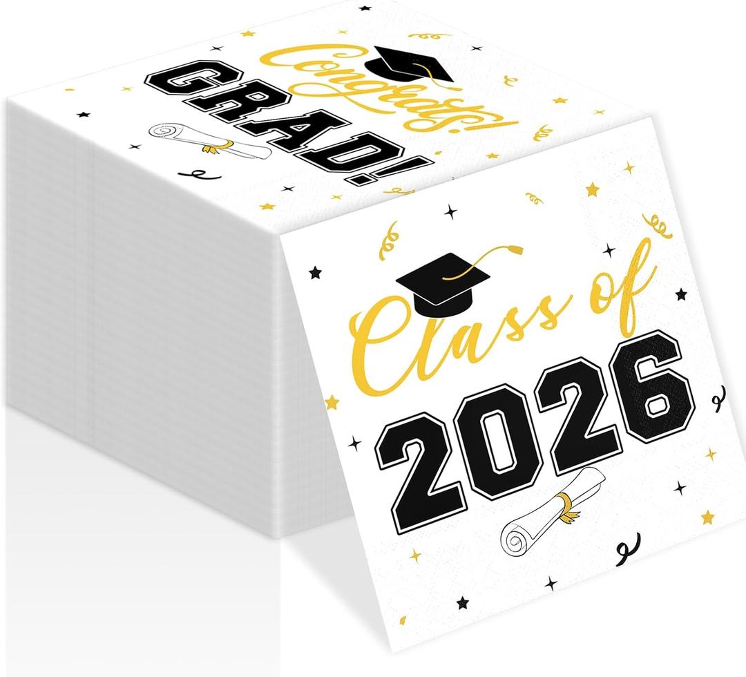 Class of 2026 Graduation Napkins, 3-Ply Disposable Congrats Grad Paper Napkins for Dinner and Cocktail Party Decorations, School and College, 6.5-Inch Square (100, Black)