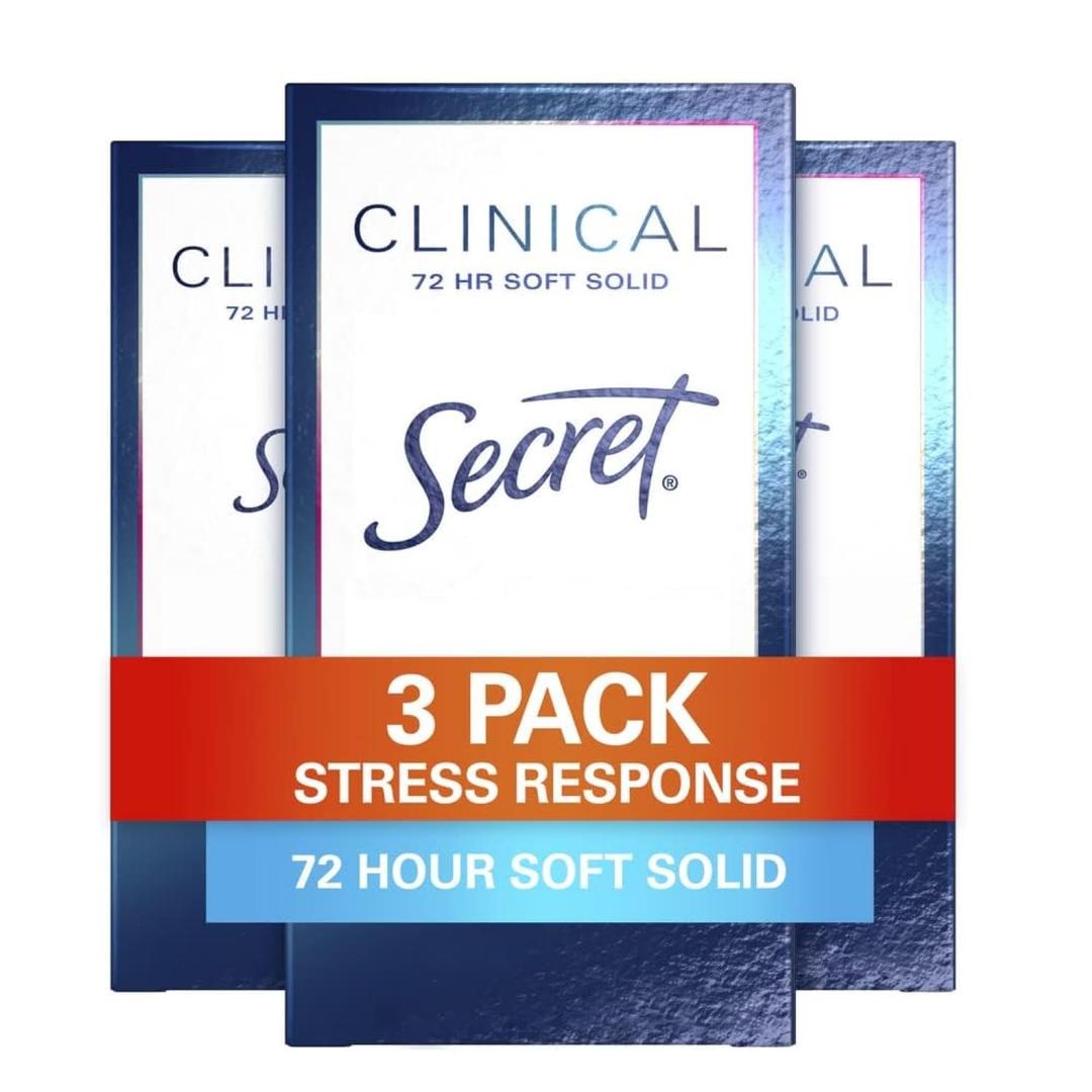 Secret Clinical Strength Antiperspirant Deodorant for Women, Stress Response, 3X Stress & 72hr Sweat & Odor Protection, PH Balancing Minerals, Soft Solid, 1.6 oz (Pack of 3)