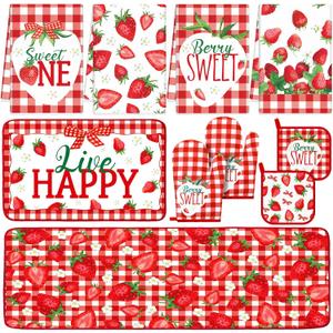 Fourluoo 10 Pcs Strawberry Kitchen Dish Towels Rugs Oven Mitts and Pot Holders Set Farmhouse Kitchen Decor Set for Women Mom Daughter Gift Cooking Baking Grilling (Red and White)