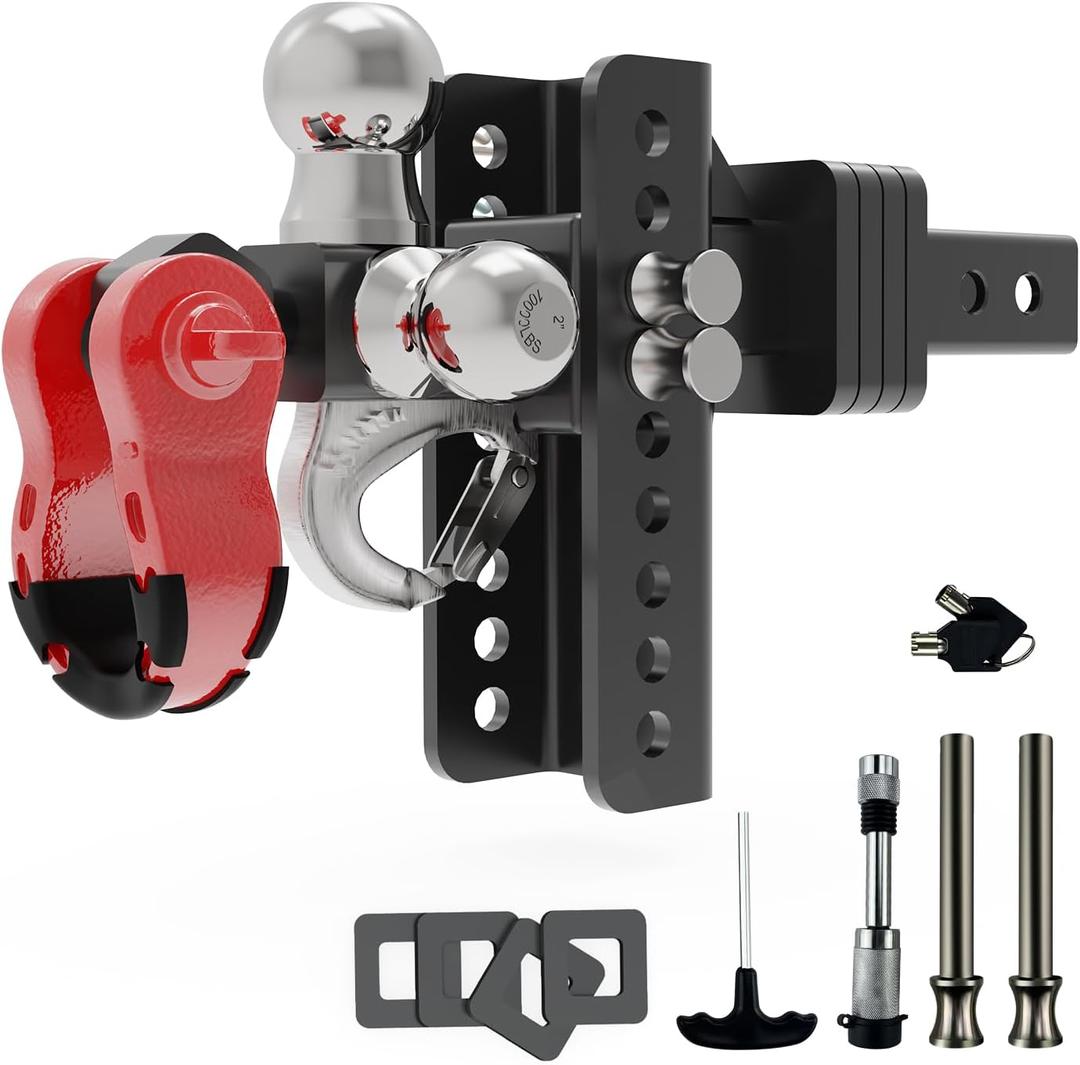 Adjustable Trailer Hitch, Tri-Ball (1-7/8", 2", 2-5/16") Drop Hitch, Fits 2 Inch Receiver, 6-7/8" Rise/Drop 10000LBS Heavy-Duty Solid Ball Mount, for RV Towing, Motorcycles