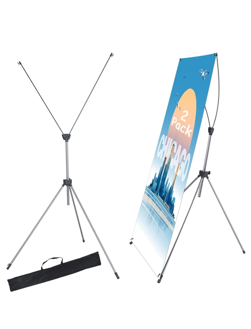 2 Pack X Frame Banner Stand Fits Any Banner Adjustable Size 23"X63" to 32"X78" with Portable Retractable Carrying Bag, Customize Stand for Trade Show Exhibition Market and Store Display, Silver500+ bought in past