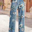 Flamingals Mid-Rise Vintage Floral Straight Leg Pants for Women Summer Casual Denim Pants Deep Blue L