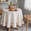 Simihiran Beige White Striped Ruffle Tablecloth 70" Round Farmhouse Flounces Trim Table Cover for Seat 4-6 for Picnic Dining Kitchen Party Wedding Decor