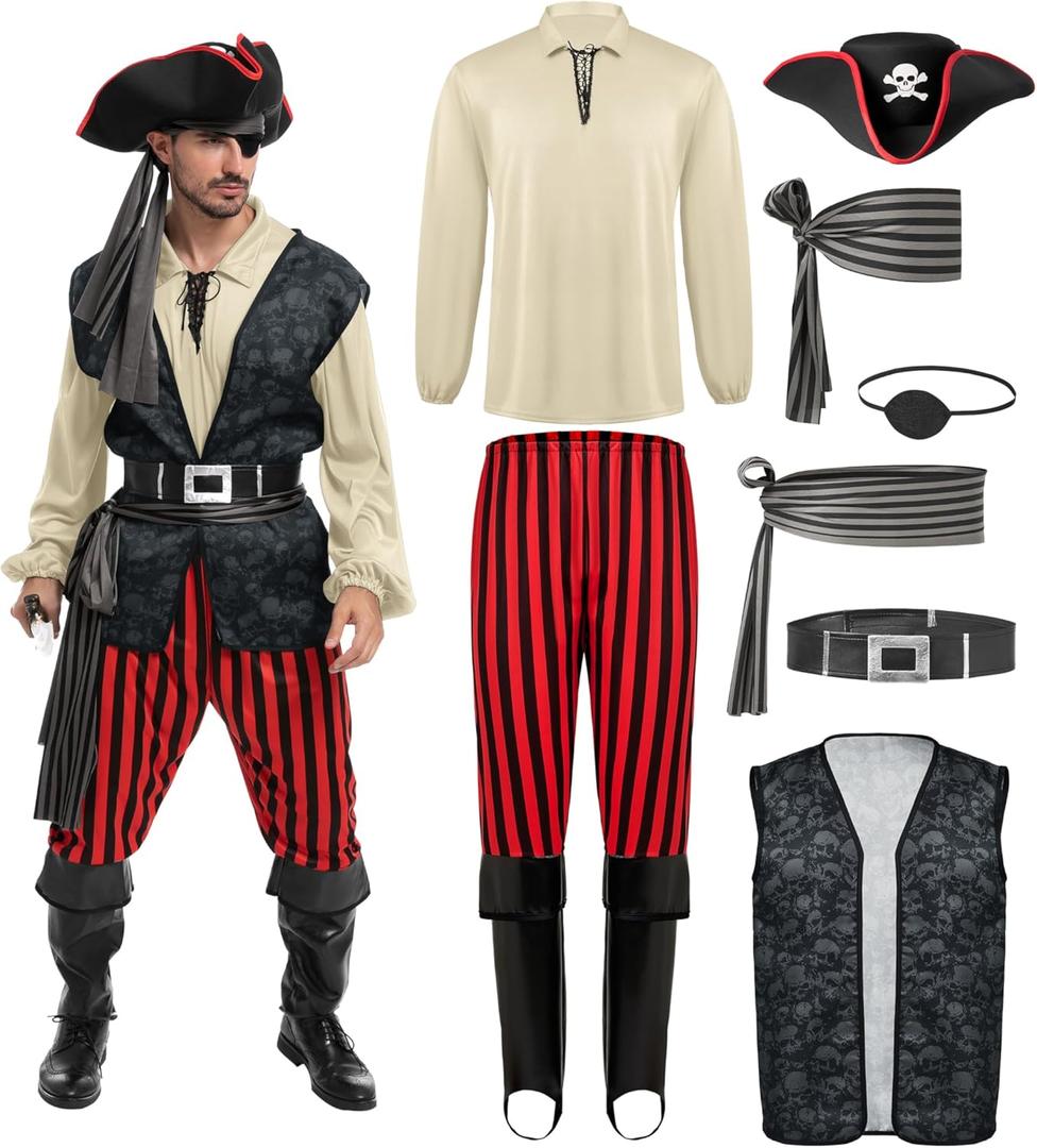 Spooktacular Creations Men Pirate Costume, Adult Pirate Shirt Vest Viking Pants Hat Set for Halloween Themed Parties (S)