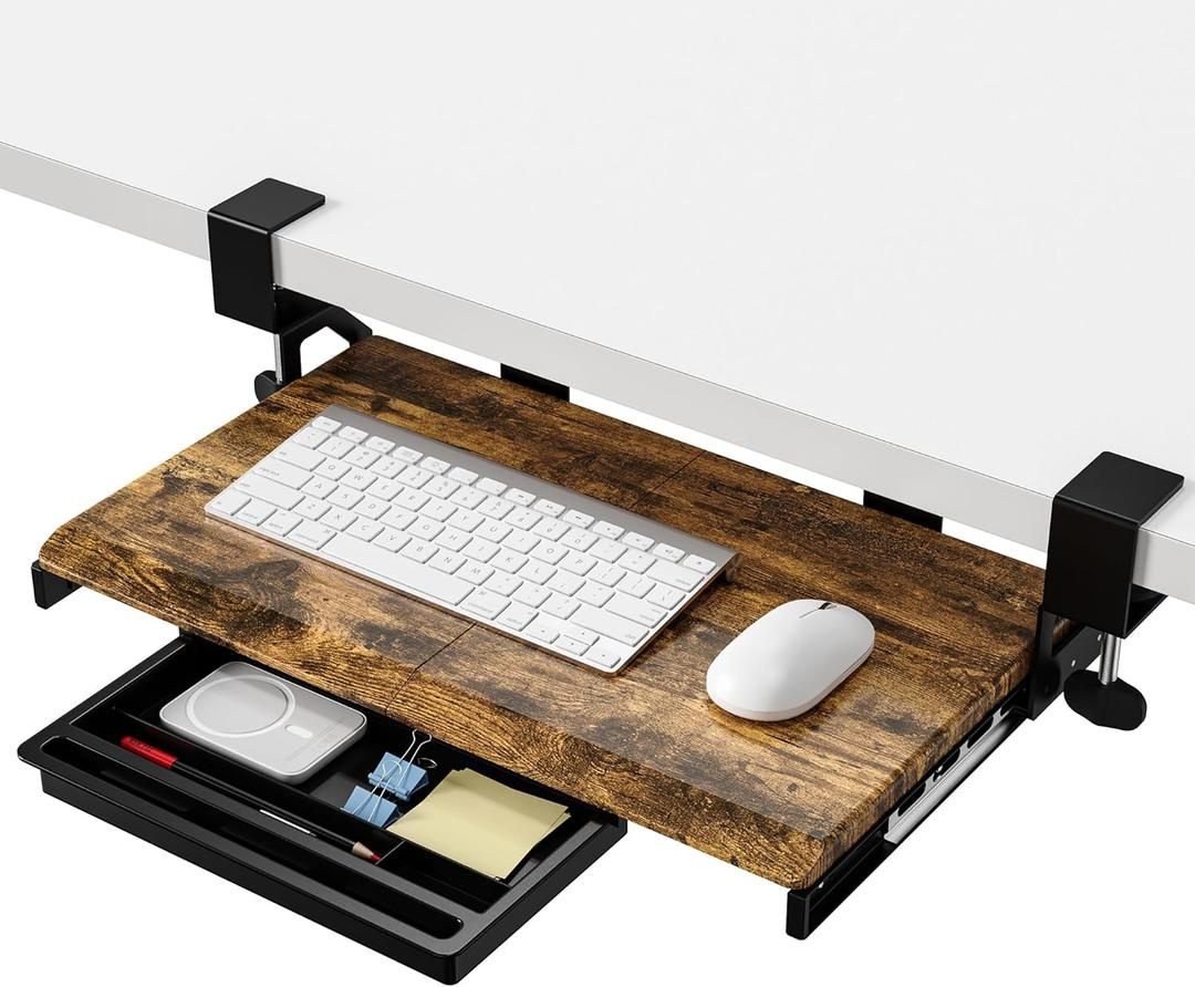 ETHU Keyboard Tray Under Desk, 19.7" X 12.2" Small Size C Clamp Keyboard Drawer Under Desk, Computer Keyboard Stand Slide Pull Out, Ergonomic Keyboard Tray for Home, Office (Wood)