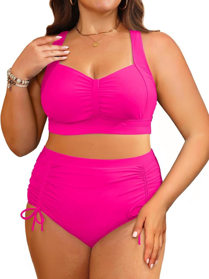 Daci Women Plus Size High Waisted Bikini Set - Two Piece Swimsuits Tummy Control Bathing Suit Ruched Bottom 2025 (Hot Pink)