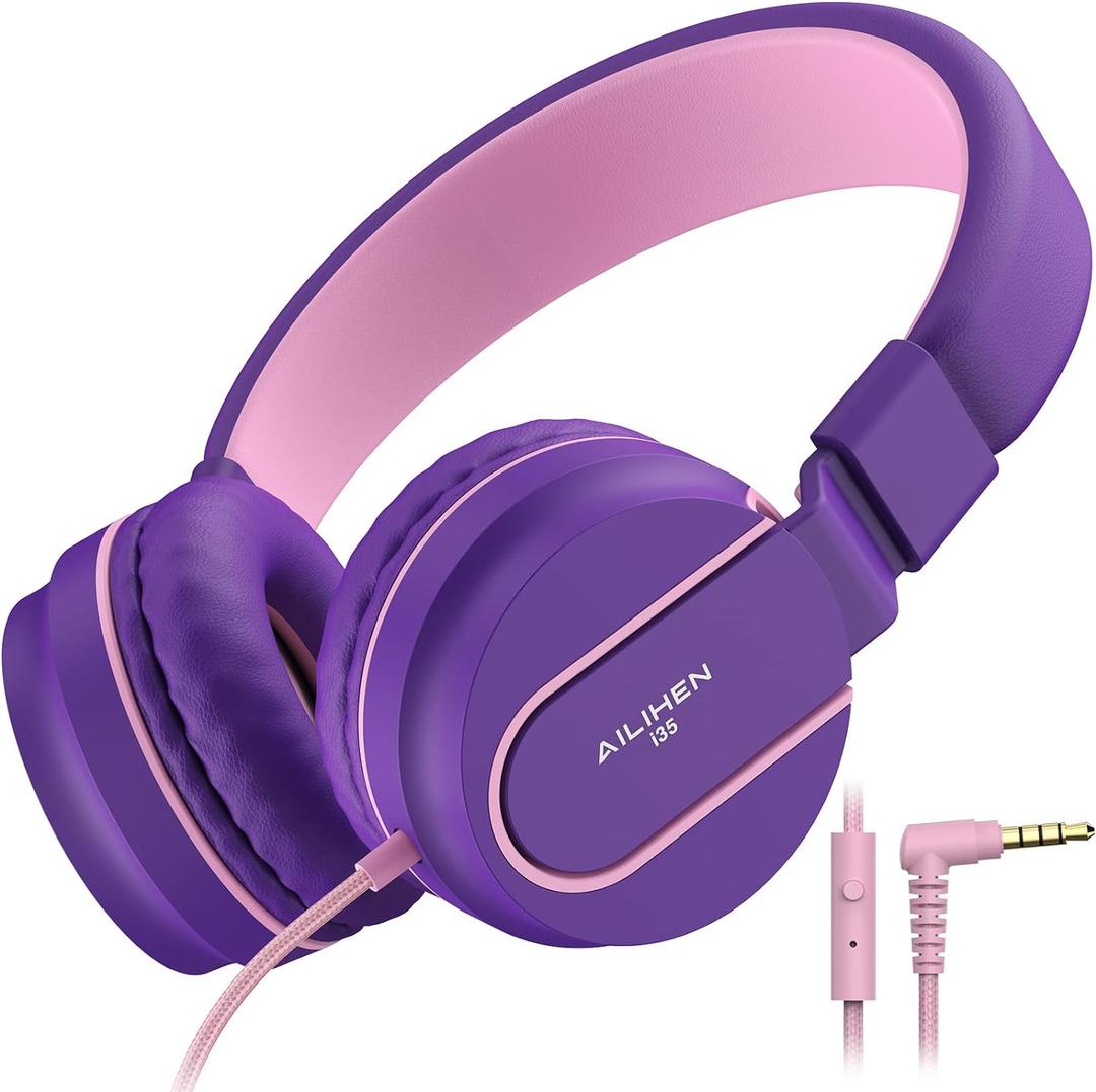 Kids Headphones, AILIHEN I35 On-Ear Headphones for School, Safe Volume 93dB, HD Mic Stereo Headphone for Kid Girls Children, Foldable Wired 3.5mm for Chromebook, Laptop, Computer, Tablet, Pink Purple 