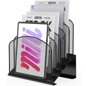 Inclined Desk File Organizer Metal Desk Magazine Folder Holder with 5-Section Vertical Compartments Rack File Organizer for Office, Home, School, Black