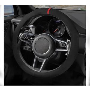 Suede Steering Wheel Cover with Upgraded Silicone Inner Ring, Breathable, Anti-Slip, Leather Universal 14.5 to 15 Inch Steering Wheel Cover (Black with Red Mark)