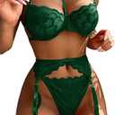 Lilosy Sexy Choker Floral Lace Underwire Push Up Garter Belt Lingerie Set for Women Sheer Bra and Panty 3 Piece, Size S