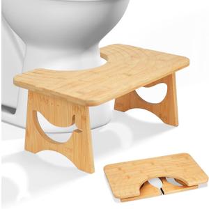 Foldable Bamboo Toilet Stool Squat, 7 Inches Squatting Potty Stool for Adults, Bathroom Poop Step Stool with Non-Slip Strip to Improve Bathroom Posture and Comfort (Natural)