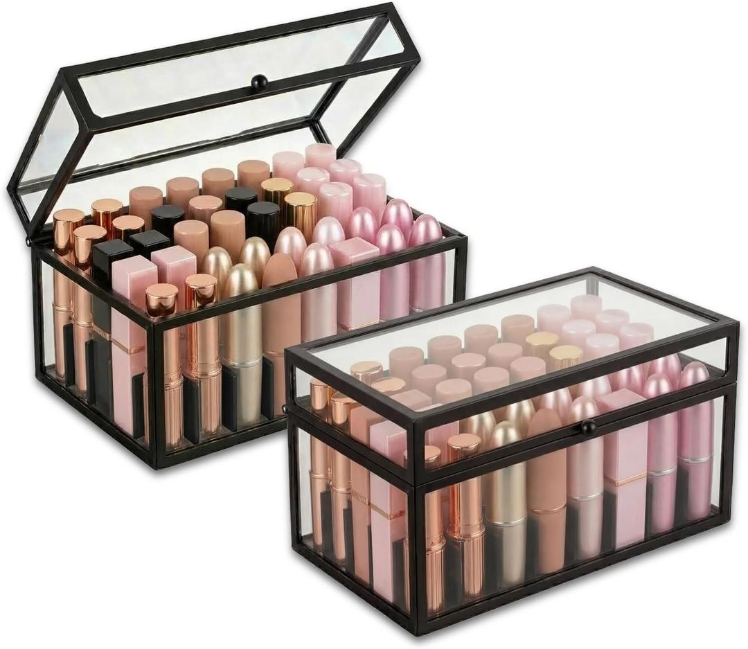 40 Lipsticks Organizer with Lid, Glass Display Box Fits Large Perfume & Skincare, Easy-Access Organiser for Vanity Countertop, Multifunctional Display Box in Any Rooms
