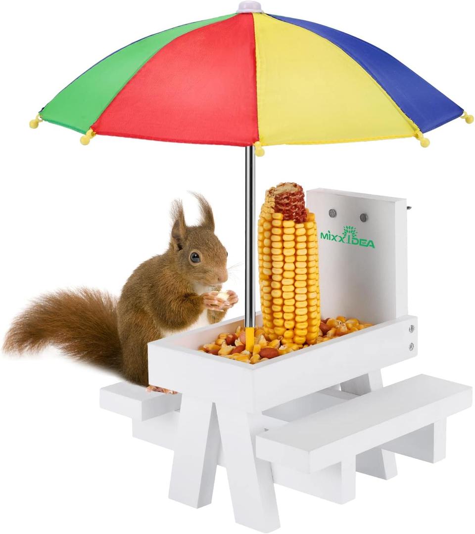 MIXXIDEA Squirrel Feeder Table with Umbrella, Wooden Squirrel Picnic Table Feeder, Sturdy Squirrel Feeder Corn Cob Holder, with Solid Structure and 2 x Thick Benches(Colorful)