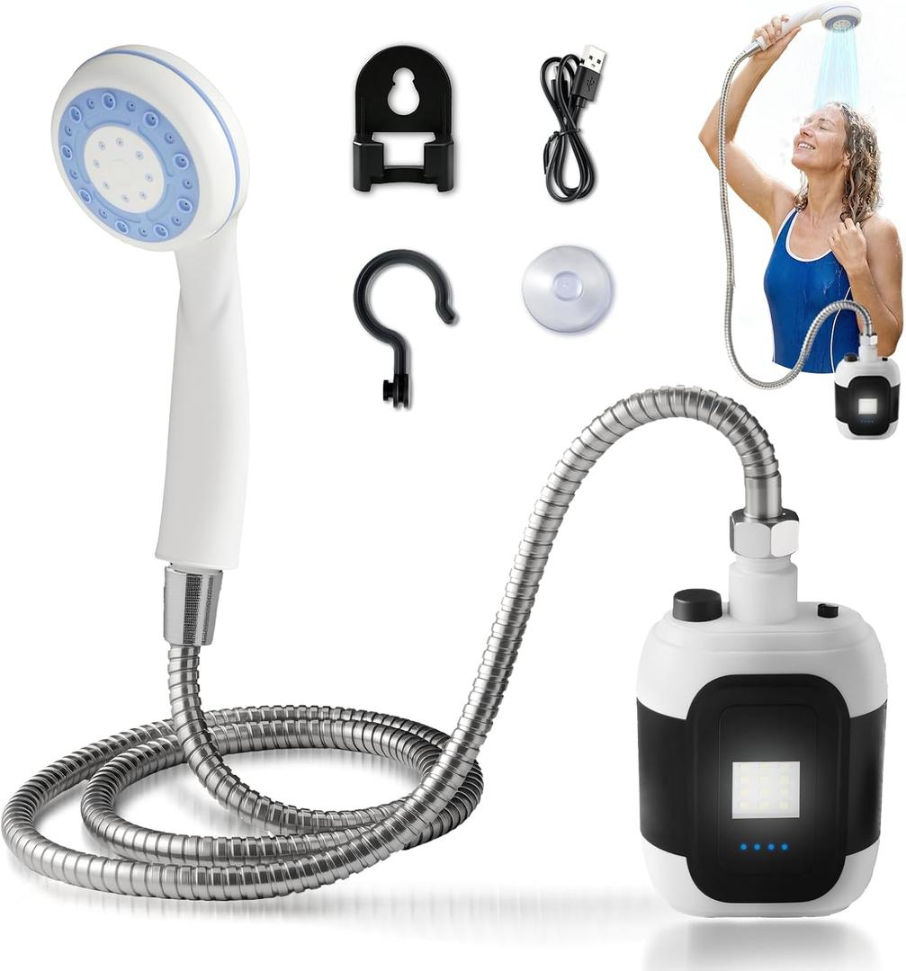 Portable Rechargeable Camping Shower Pump with LED Light - 2200mAh Outdoor Shower Head Sprayer, Draws Water from Bucket for Camping, Hiking, Travel, Car Washing & Pet Cleaning With Light