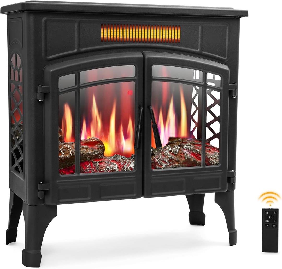 RealSmart Electric Fireplace Heater, Freestanding Stove Heater with 3D Realistic Flame Effect, Fireplace Stove Overheat Safety Protection for Indoor Use Bedroom,750W 1500W Retro Black