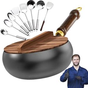 Suntuup Japanese Iron Pan, Uncoated Iron Pan, 9.45 Inch Hand-Forged Non-Stick Irons Pans Without Coating, Supplemented Pure Irons Non-Stick Pot With Lid, For Cooker Gas Stir Fry Pans (D,9.45in)