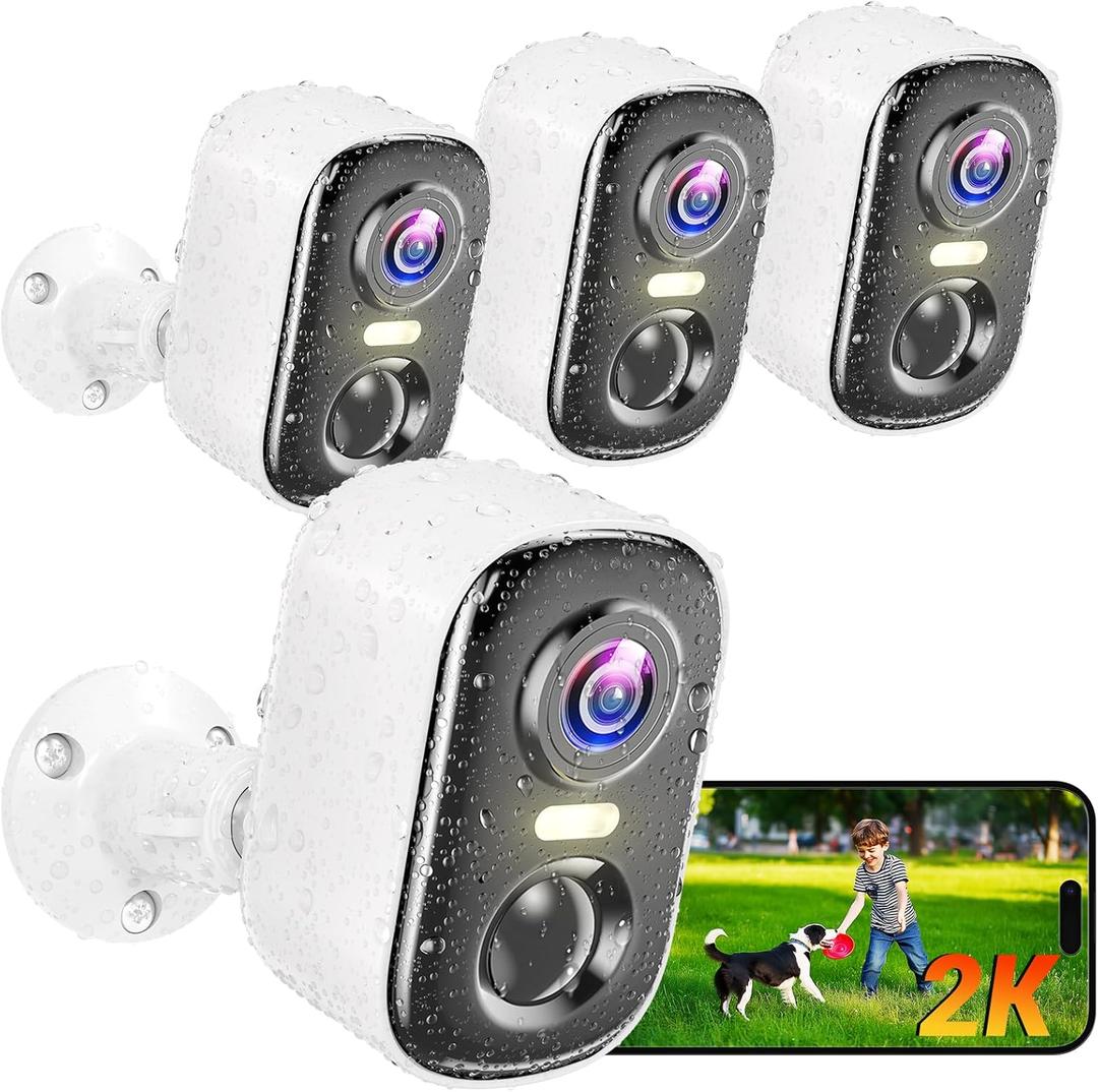 Outdoor Security Camera Wireless, 2K Battery Powered WiFi Cameras for Home Security with AI Motion Detection, Color Night Vision, Siren Alarm, 2-Way Talk, IP66 Waterproof, Cloud/SD Storage (4 Pack) (White)