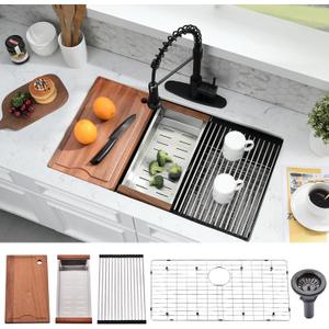 36x19 Black Undermount Kitchen Sink - 16 Gauge Stainless Steel Black Kitchen Sink Undermount 36 Inch,10 Inch Deep Single Bowl Workstation Sinks Includes Cutting Board & Colander