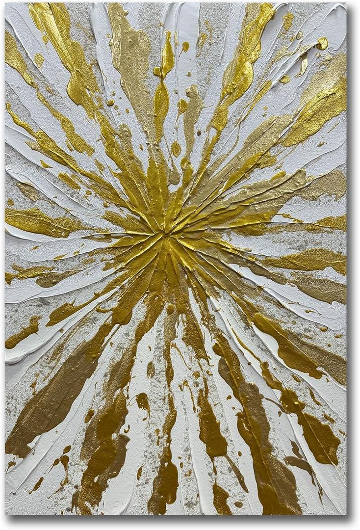 V-inspire Modern Abstract Wall Art, Gold and White Textured Acrylic Painting on Canvas, Hand-Painted, 24 x 36 Inches, Wooden Frame