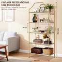 BEGINS 5 Tier Vintage Gold Bookshelf with Glass Shelves, Freestanding Tall Bookcase Display Rack with Hammered Texture Finish for Bedroom, Living Room, Home Office, Study, Entryway, Home Decor